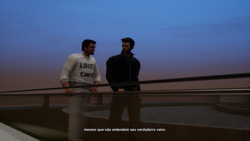 Imagem do jogo GTA III: The Definitive Edition, com Claude ao lado de um homem de roupa branca escrita liberty campus.