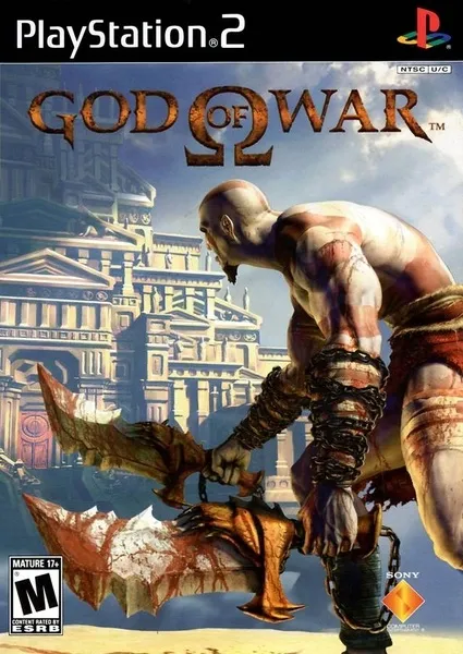 Capa de God Of War, escrito PlayStation 2 e a logo do PlayStation na parte superior. A capa em si, é composta por uma imagem do Kratos, com o corpo pálido, pinturas vermelhas, segurando duas espadas na mão, com correntes enroladas pelo braço.